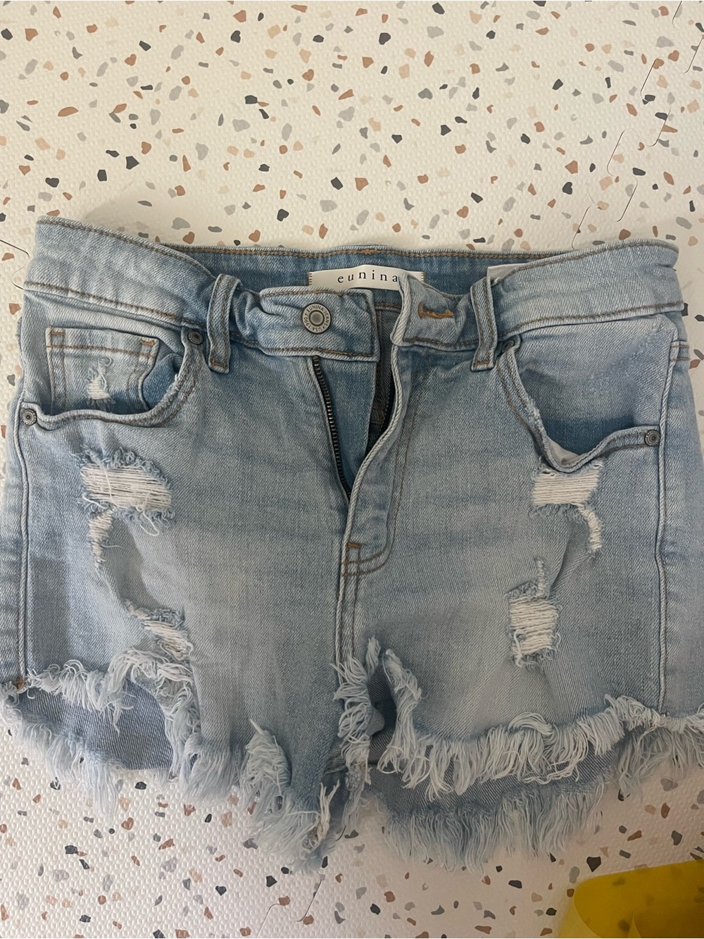eunina Light Blue Distressed Denim Jean Shorts